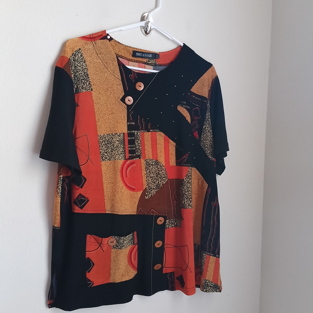 Shuangqi Blouse Women 4XL Multicolor Abstract Shirt Bohemian Artsy Academia Casu